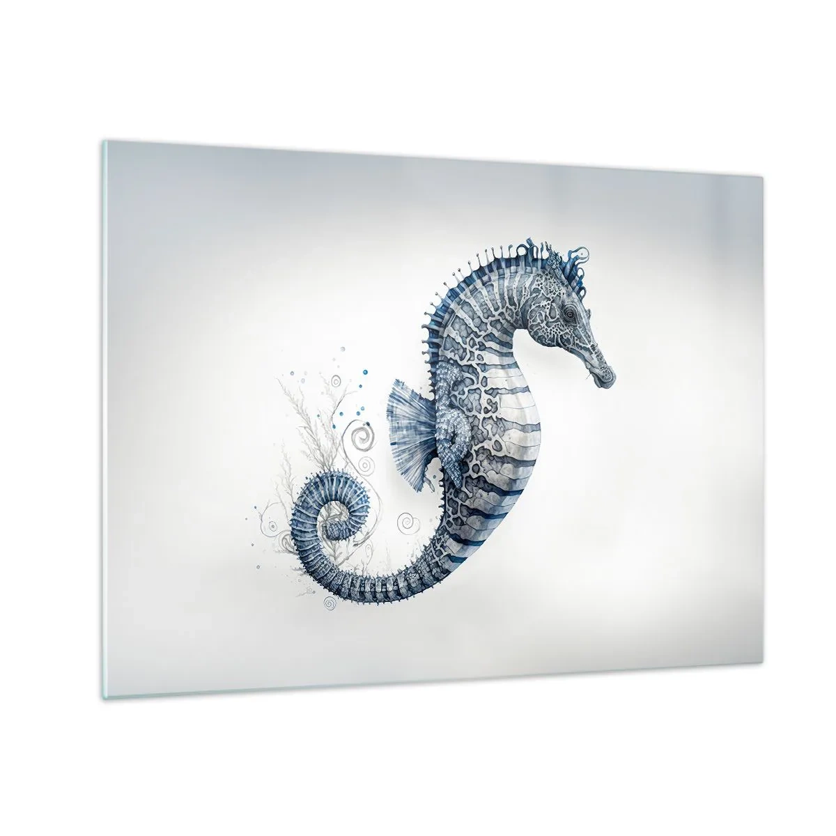 Impression sur verre - Image sur verre - Hippocampe bleu sur fond clair dans un style de dessin - 70x50cm - Une subtile plaisanterie de la nature - Décoration murale moderne pour le salon et la chambre ARTTOR