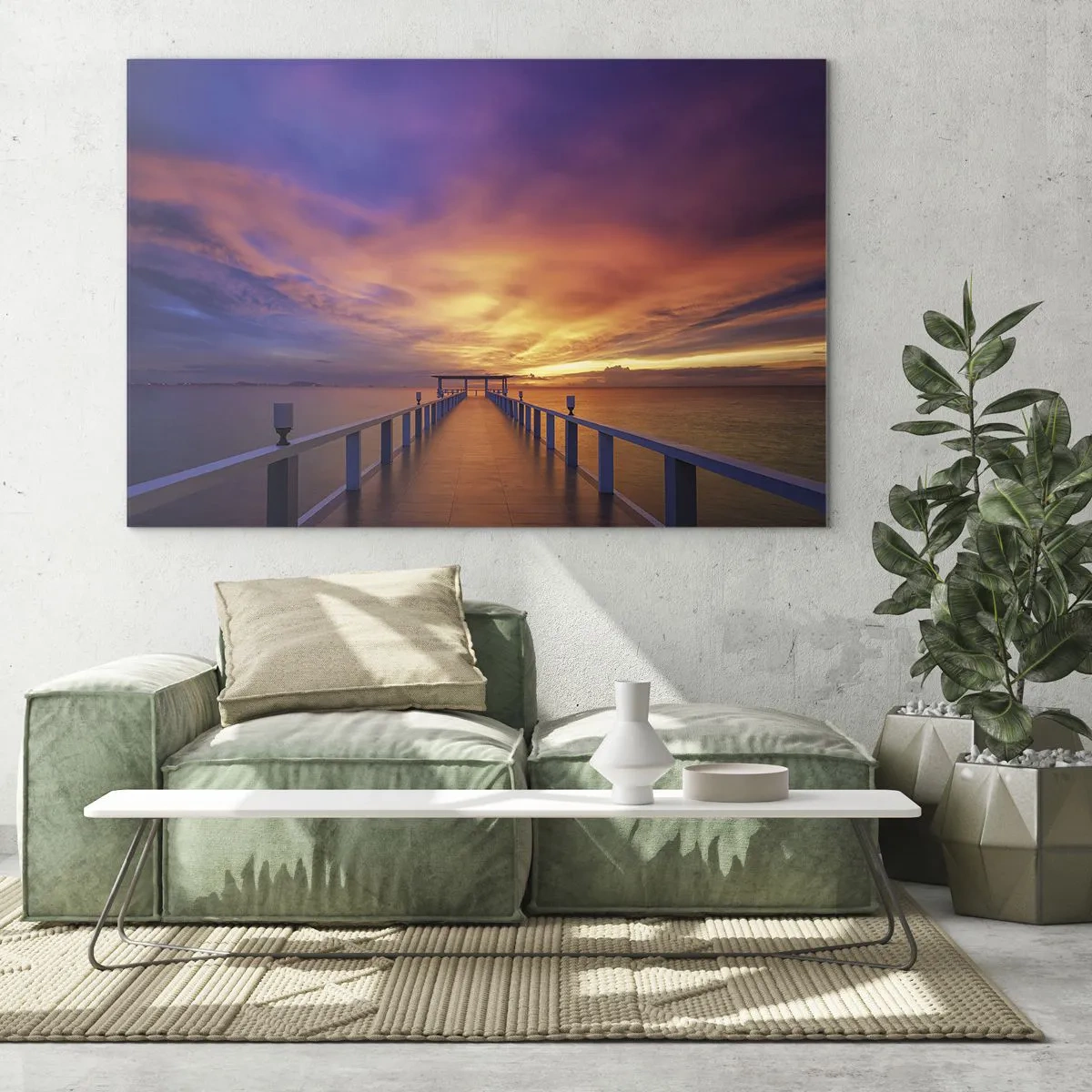 Impression sur verre - Image sur verre - La jetée avec le coucher de soleil en toile de fond - 70x50cm - Sans fin - Décoration murale moderne pour le salon et la chambre ARTTOR