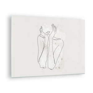 Impression sur verre - Image sur verre - Un croquis minimaliste des mains et des lèvres d'une femme sur un fond beige. - 70x50cm - Instant de rêve - Décoration murale moderne pour le salon et la chambre ARTTOR
