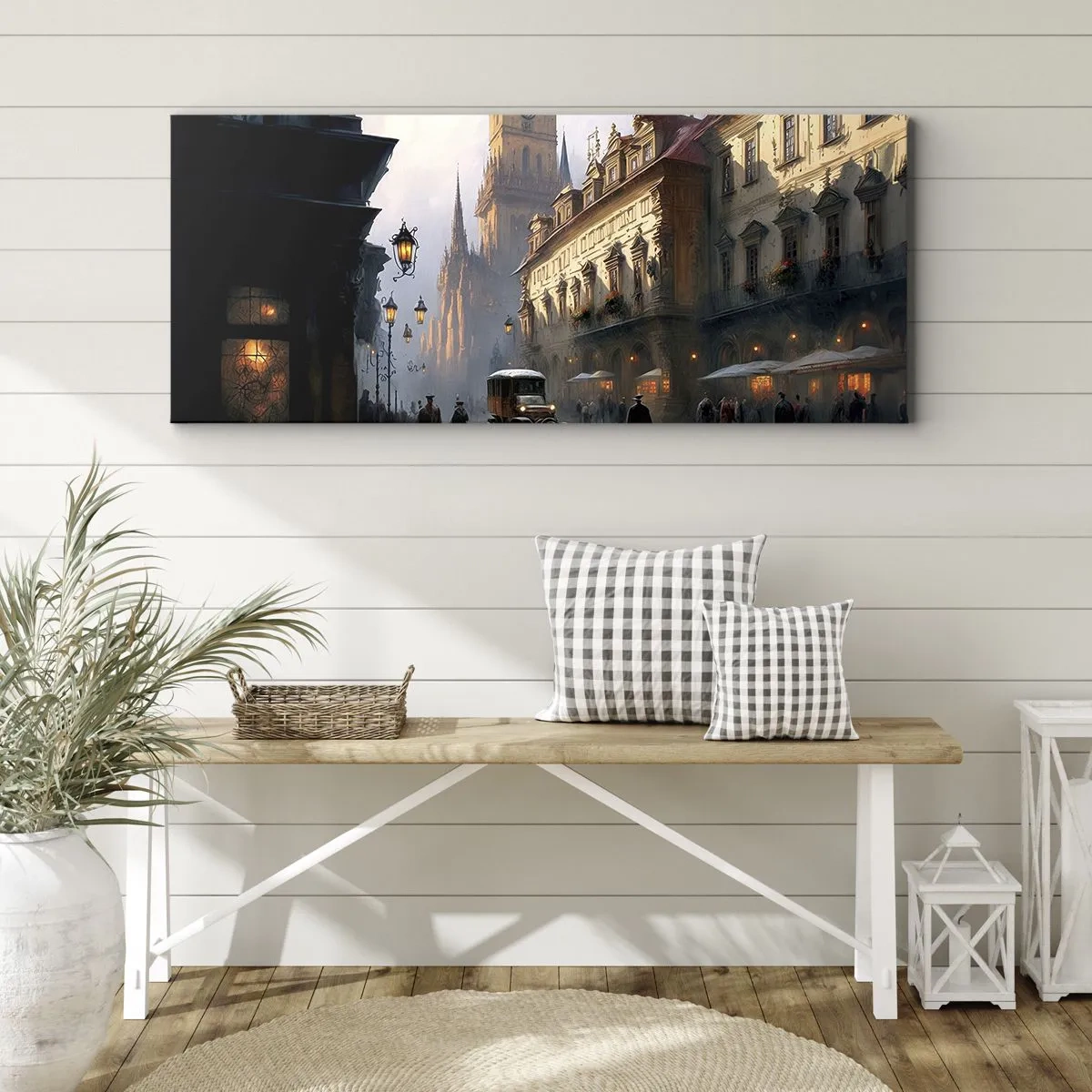 Impression sur toile - Image sur toile - Scène de rue en soirée avec une architecture historique - 140x50cm - Le charme d'une soirée pragoise - Décoration murale moderne pour le salon et la chambre ARTTOR