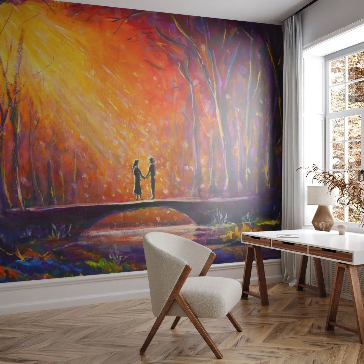 Papier Peint Photo Premium Sand - Un couple sur un pont dans une forêt magique au coucher du soleil - 100x70cm - Le ciel les aime aussi - Décoration murale moderne pour le salon et la chambre ARTTOR