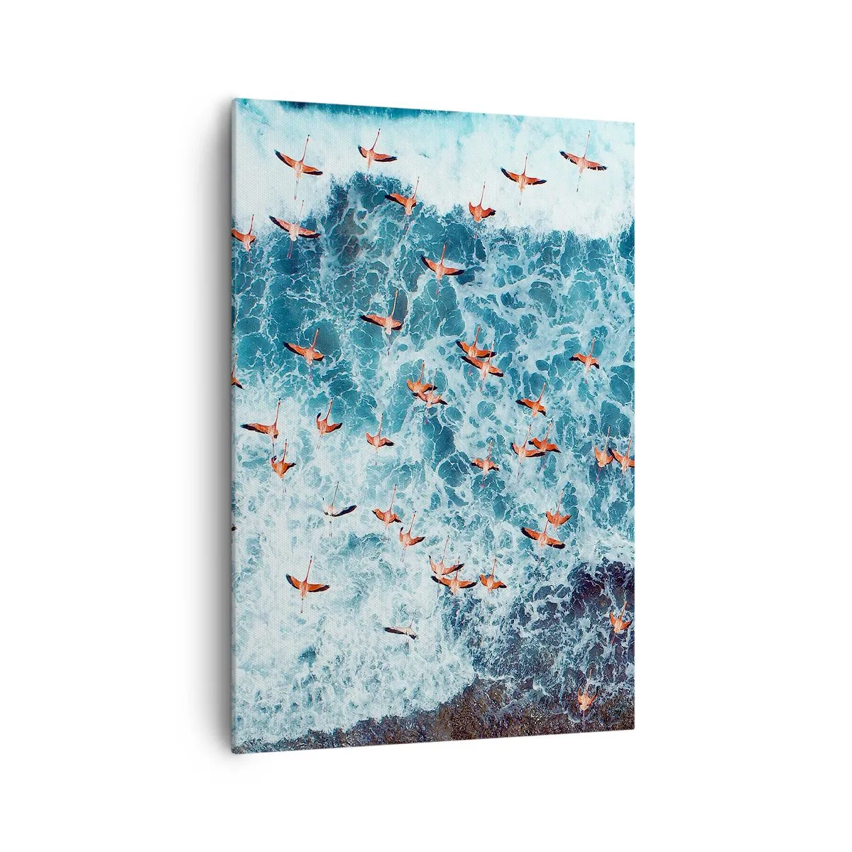 Impression sur toile - Image sur toile - Vue aérienne de flamants roses sur un océan bleu - 70x100cm - Défilé du bord de mer - Décoration murale moderne pour le salon et la chambre ARTTOR