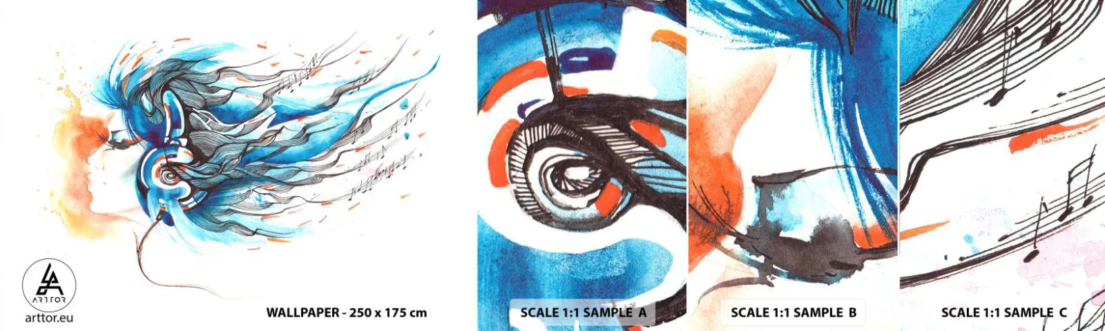 Échantillon de Papier Peint Autocollant Deluxe Sticker - Que la musique joue - Abstraction, Femme, Musique - 100x30 cm