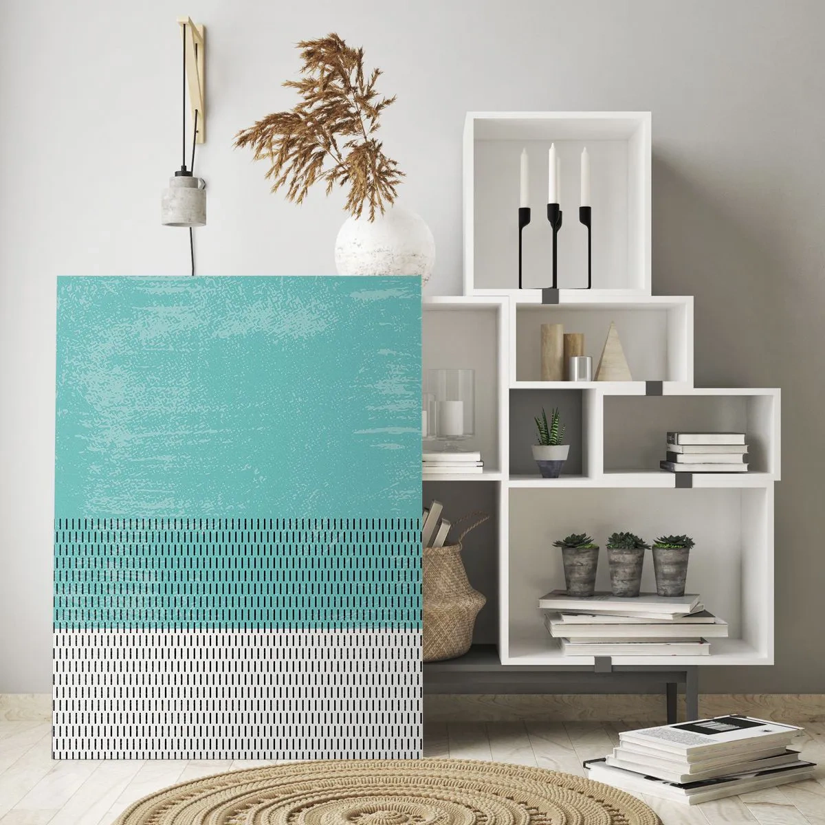 Impression sur verre - Image sur verre - Composition géométrique avec turquoise et lignes - 70x100cm - Composition équilibrée - Décoration murale moderne pour le salon et la chambre ARTTOR