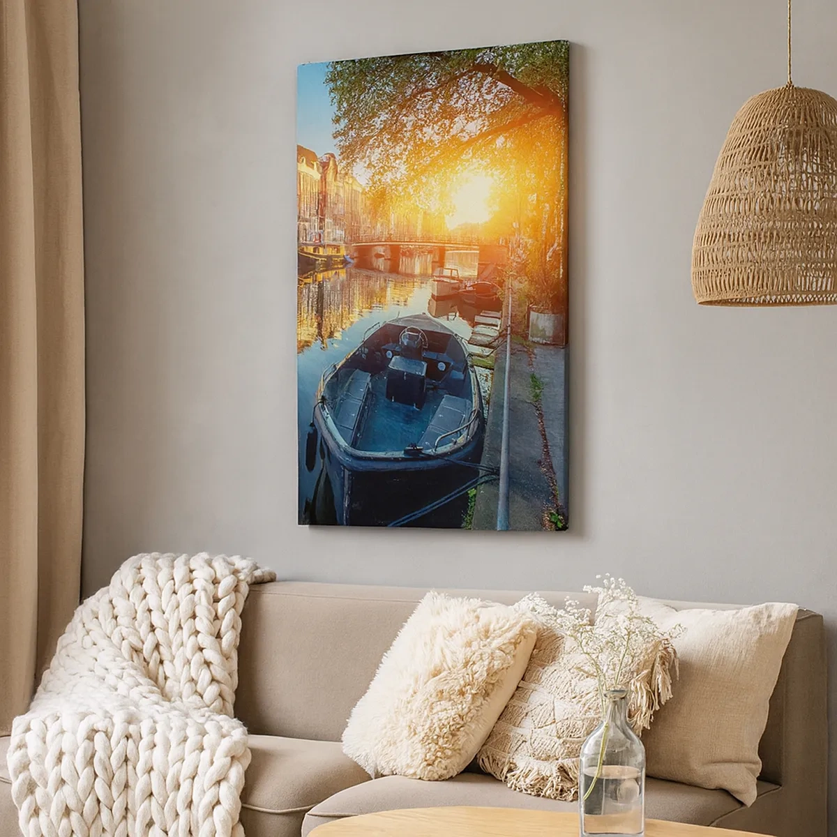 Impression sur toile - Image sur toile - Canal d'Amsterdam au coucher du soleil - 50x70cm - Début de journée à Amsterdam - Décoration murale moderne pour le salon et la chambre ARTTOR
