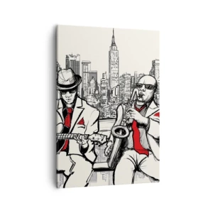Impression sur toile - Image sur toile - Un duo de jazz avec saxophone et guitare sur fond de ville - 50x70cm - improvisation new-yorkaise - Décoration murale moderne pour le salon et la chambre ARTTOR
