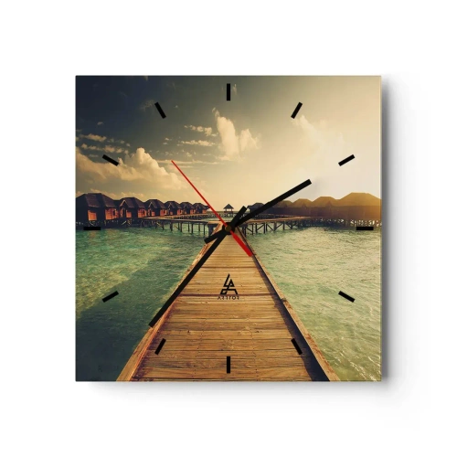 Horloge murale - Pendule murale - Une jetée en bois menant aux maisons sur l'eau, illuminée par les rayons du soleil. - 30x30cm - Invitation chaleureuse - Décoration murale moderne pour le salon et la chambre ARTTOR
