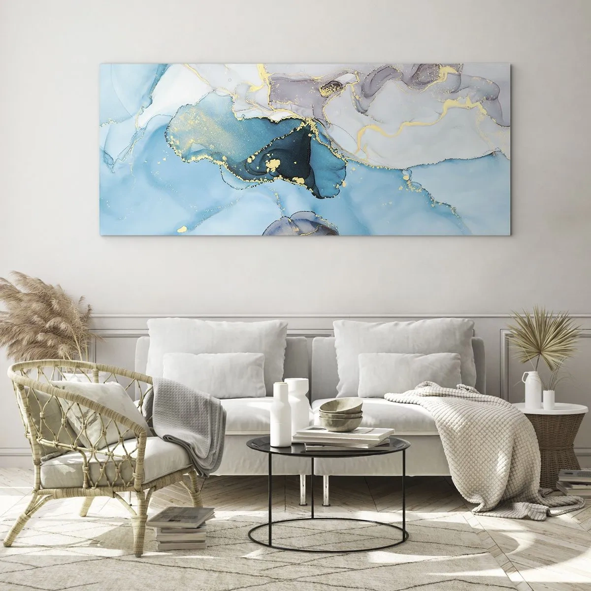 Impression sur verre - Image sur verre - Etude de la rencontre gris et turquoise - 100x40 cm