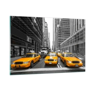 Impression sur verre - Image sur verre - Taxis jaunes dans les rues de New York - 120x80cm - C'est nous qui colorons la ville - Décoration murale moderne pour le salon et la chambre ARTTOR