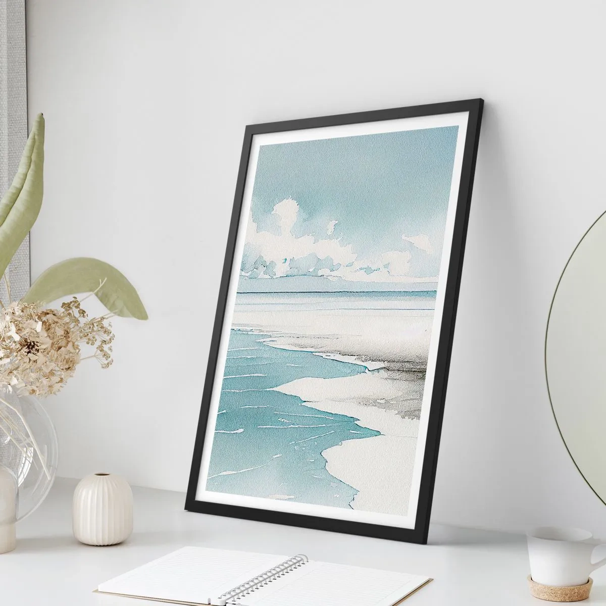 Affiche dans un cadre noir - Poster - Paysage de bord de mer à l'aquarelle dans des tons pastel - 50x70cm - Marée douce - Décoration murale moderne pour le salon et la chambre ARTTOR