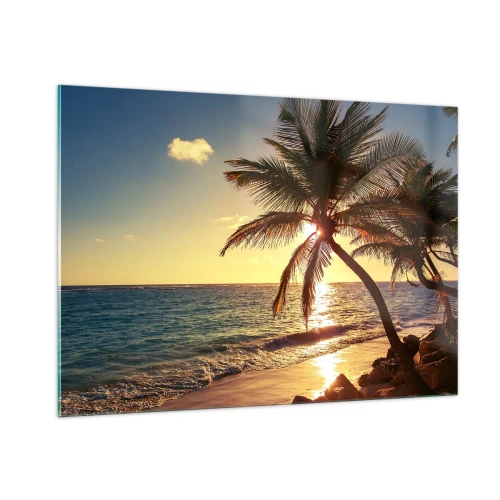 Impression sur verre - Image sur verre - Plage tropicale avec palmiers à la lumière du soleil couchant - 100x70cm - L'été sous les palmiers - Décoration murale moderne pour le salon et la chambre ARTTOR