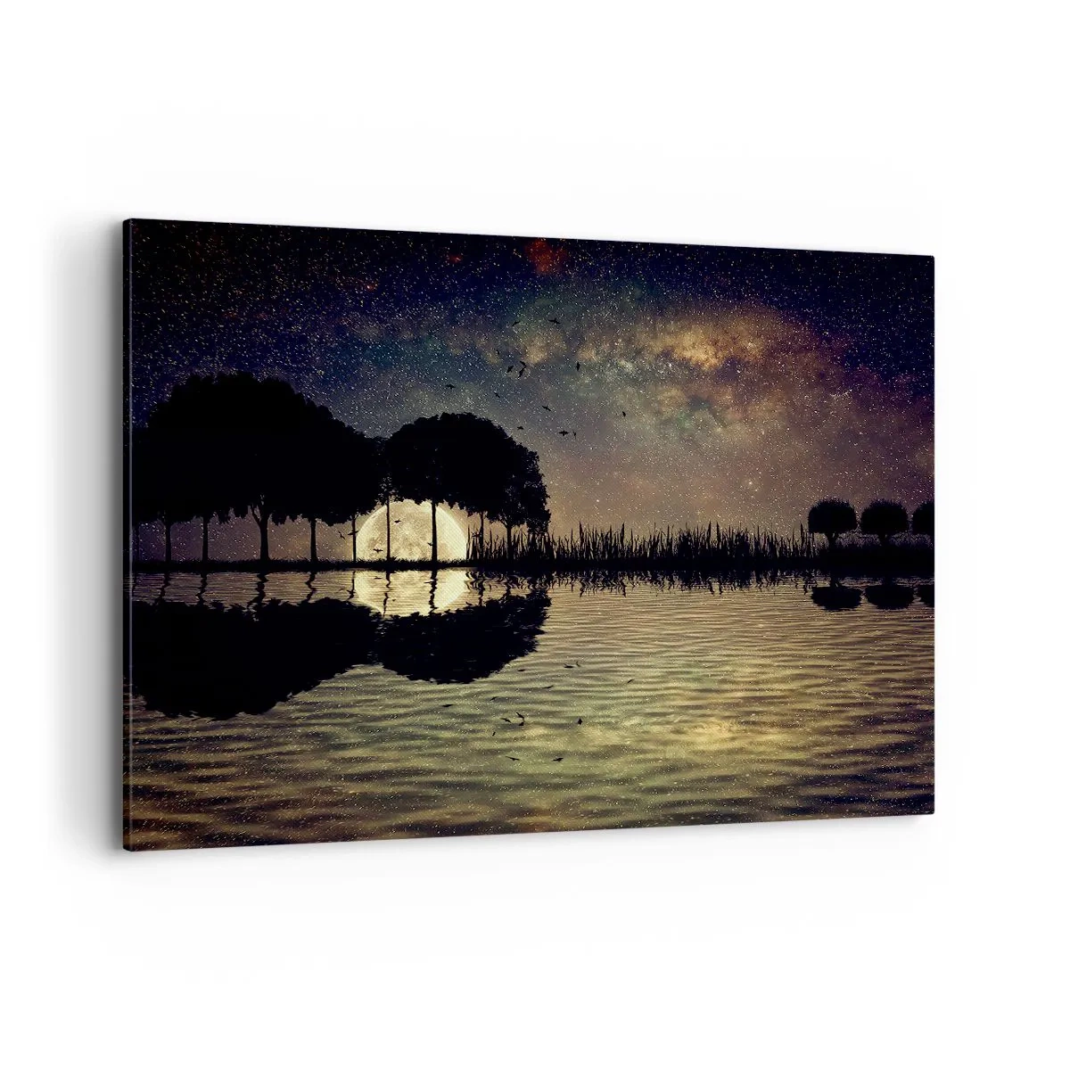 Impression sur toile - Image sur toile - Une nuit magique avec des arbres et la lune se reflétant sur l'eau - 100x70cm - Nuit au bout du monde - Décoration murale moderne pour le salon et la chambre ARTTOR