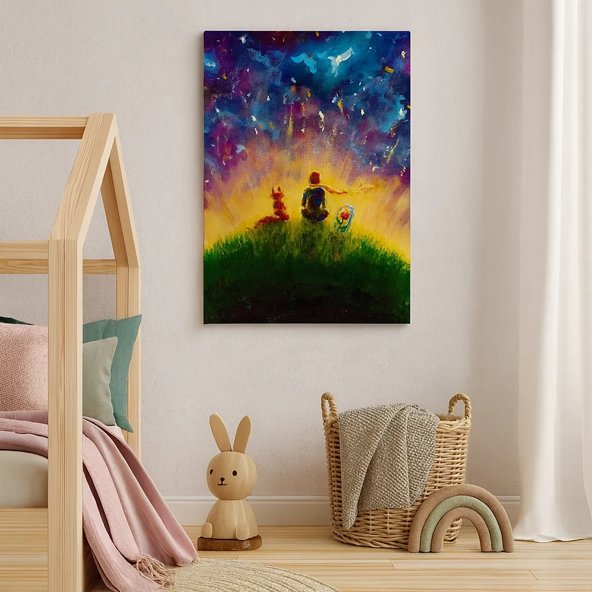 Impression sur toile - Image sur toile - Personnages sur une colline verdoyante entourée d'un ciel étoilé - 50x70cm - Amour et amitié - le monde entier - Décoration murale moderne pour le salon et la chambre ARTTOR