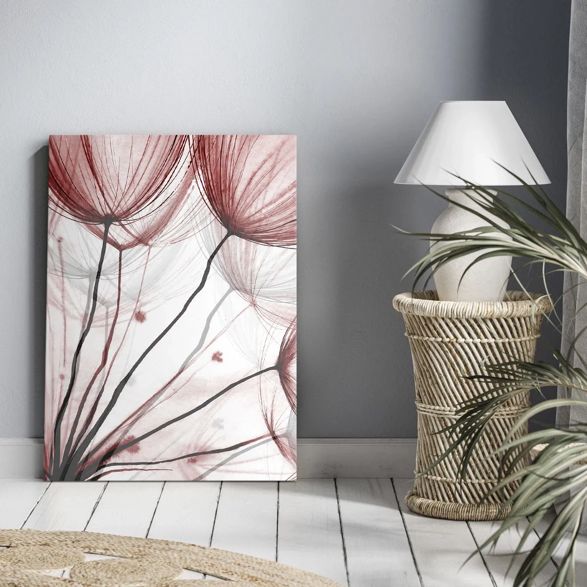 Impression sur toile - Image sur toile - Fleurs délicates dans des tons de rouge sur fond clair - 50x70cm - Avant le départ - Décoration murale moderne pour le salon et la chambre ARTTOR