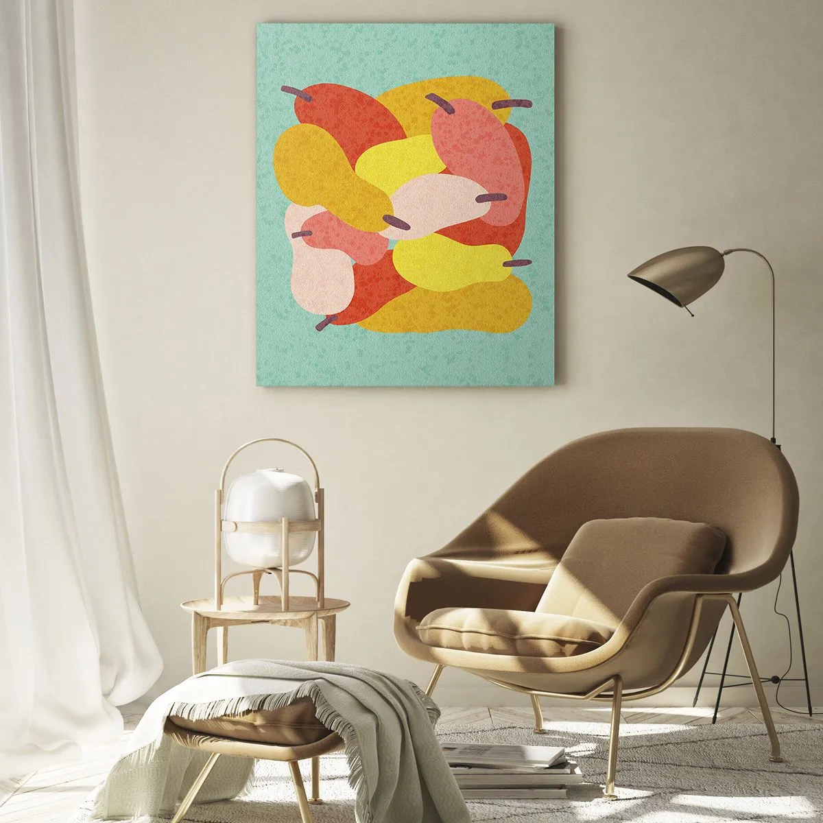 Impression sur verre - Image sur verre - Poires colorées dans un style graphique sur fond turquoise - 50x70cm - Essayez le soleil d'été - Décoration murale moderne pour le salon et la chambre ARTTOR
