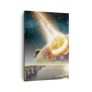 Impression sur toile - Image sur toile - Une météorite entre en collision avec une planète dans un paysage cosmique. - 50x70cm - Drame spatial - Décoration murale moderne pour le salon et la chambre ARTTOR
