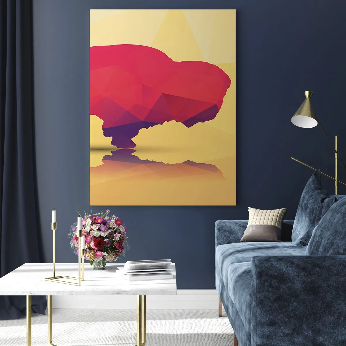 Impression sur verre - Image sur verre - Silhouette géométrique d'un bison dans les tons de rouge et de violet - 80x120cm - La force amarante du bison - Décoration murale moderne pour le salon et la chambre ARTTOR