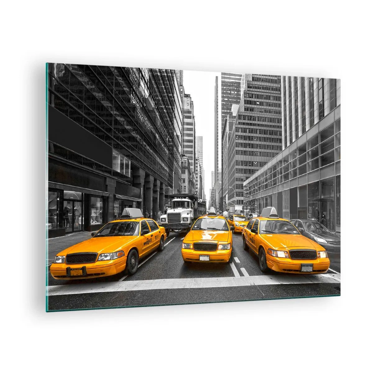 Impression sur verre - Image sur verre - Taxis jaunes dans les rues de New York - 70x50cm - C'est nous qui colorons la ville - Décoration murale moderne pour le salon et la chambre ARTTOR