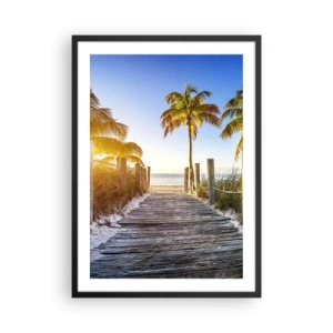 Affiche dans un cadre noir - Poster - Chemin en bois vers la plage avec des palmiers au soleil - 50x70cm - Directement au paradis - Décoration murale moderne pour le salon et la chambre ARTTOR