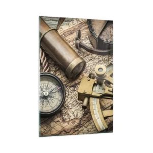 Impression sur verre - Image sur verre - Une boussole, un sextant et un télescope sur fond de vieille carte et de corde nautique. - 80x120cm - Fixer un cap - Décoration murale moderne pour le salon et la chambre ARTTOR