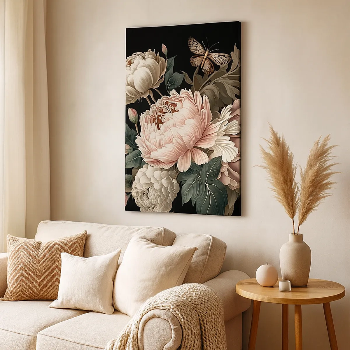 Impression sur toile - Image sur toile - Un bouquet de fleurs roses et de papillons sur fond noir - 50x70cm - De style baroque - Décoration murale moderne pour le salon et la chambre ARTTOR