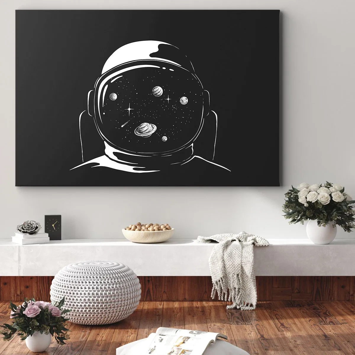 Impression sur toile - Image sur toile - Un casque d'astronaute minimaliste avec vue sur l'espace - 120x80cm - Sympa la vue - Décoration murale moderne pour le salon et la chambre ARTTOR