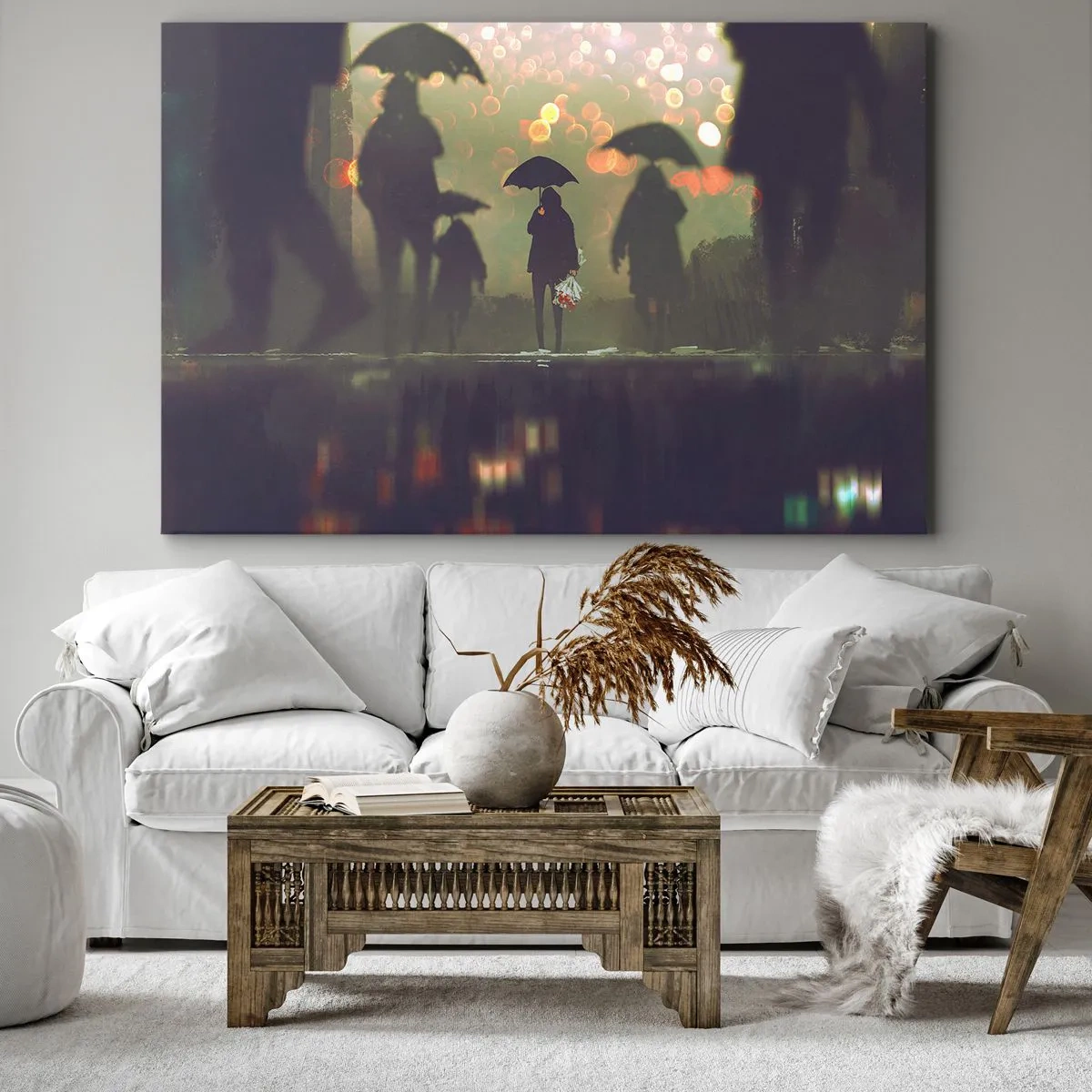 Impression sur toile - Image sur toile - Une silhouette avec un parapluie un soir pluvieux parmi les lumières de la ville - 120x80cm - Du point de vue d'une goutte de pluie - Décoration murale moderne pour le salon et la chambre ARTTOR