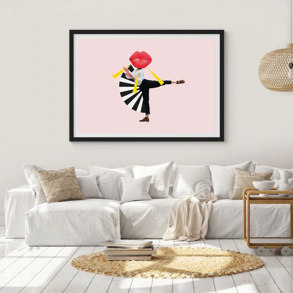 Affiche dans un cadre noir - Poster - Figure surréaliste avec bouche et éléments géométriques - 100x70cm - Pop-art surréaliste - Décoration murale moderne pour le salon et la chambre ARTTOR