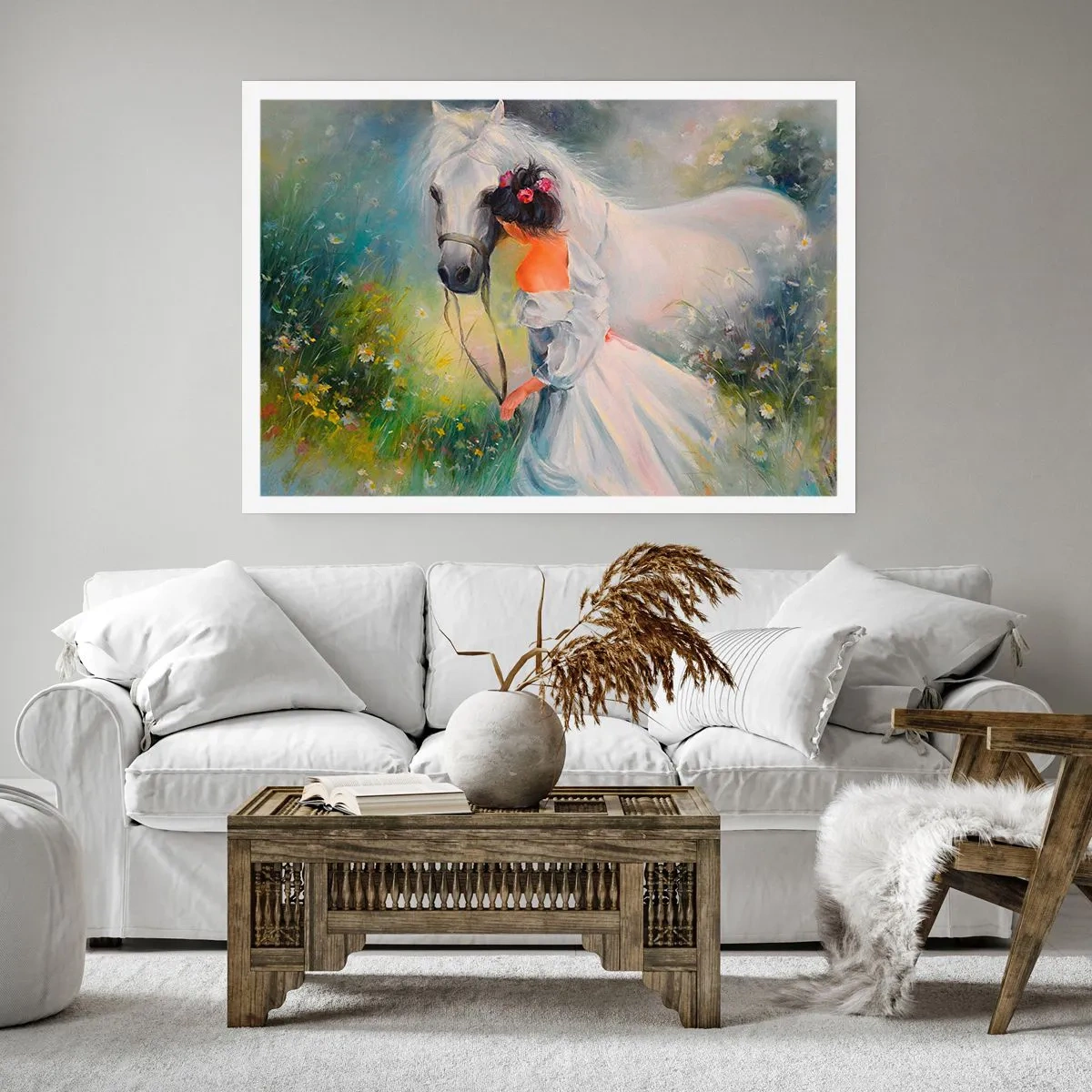 Affiche - Poster - Une femme avec un cheval blanc dans un cadre pittoresque - 100x70cm - Comme dans un beau rêve - Décoration murale moderne pour le salon et la chambre ARTTOR