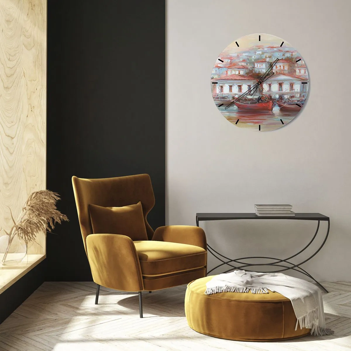 Horloge murale - Pendule murale - Un port pittoresque avec des bateaux et une architecture méditerranéenne - 30x30cm - Petite ville heureuse - Décoration murale moderne pour le salon, la cuisine et la chambre ARTTOR