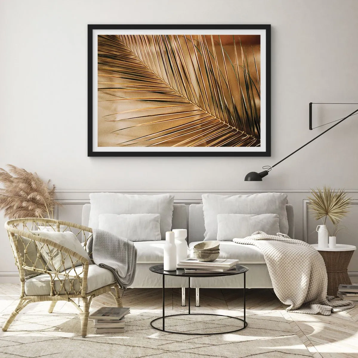 Affiche dans un cadre noir - Poster - Feuille de palmier dorée sur fond uni - 70x50cm - Colonnade naturelle - Décoration murale moderne pour le salon et la chambre ARTTOR