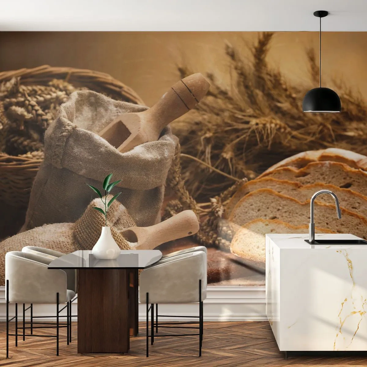 Papier Peint Photo Premium Sand - Pain et céréales dans un style rustique - 100x70cm - Comment il coupe avec un couteau - Décoration murale moderne pour le salon et la chambre ARTTOR