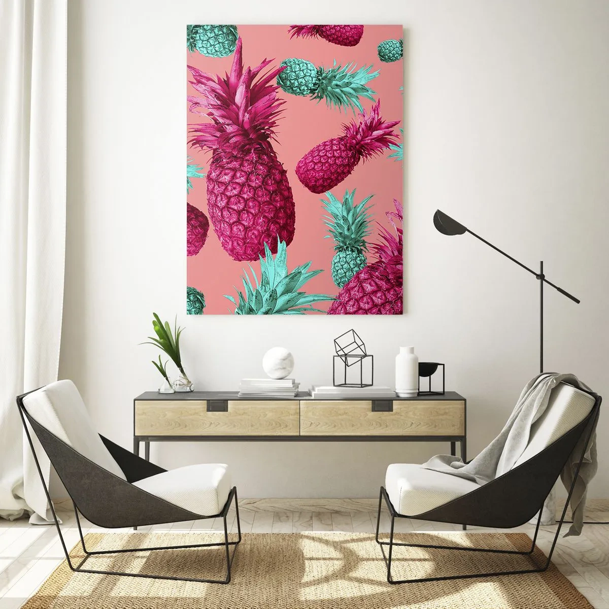 Impression sur verre - Image sur verre - Ananas colorés dans des tons de rose et de vert sur fond rose - 50x70cm - La liberté est douce - Décoration murale moderne pour le salon et la chambre ARTTOR