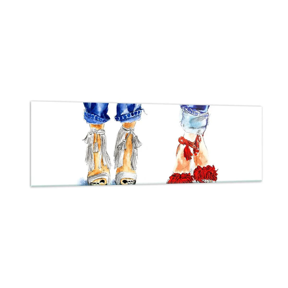 Impression sur verre - Image sur verre - Illustration de deux paires de chaussures dans des sandales élégantes et un jean - 160x50cm - Peut-être irons-nous nous promener? - Décoration murale moderne pour le salon et la chambre ARTTOR