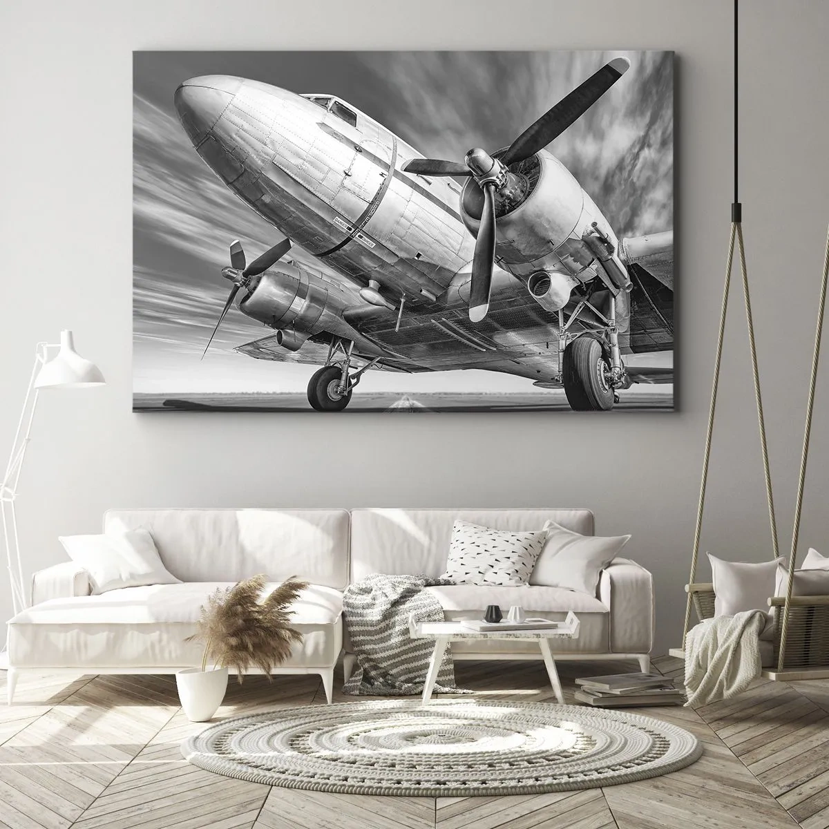 Impression sur toile - Image sur toile - Une image en noir et blanc d'un avion classique avec des détails structurels visibles. - 120x80cm - Toujours prêt à voler - Décoration murale moderne pour le salon et la chambre ARTTOR