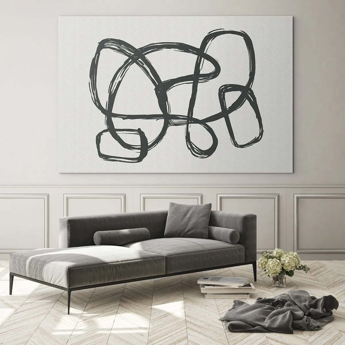 Impression sur verre - Image sur verre - Des boucles et des lignes noires forment une composition abstraite sur fond blanc. - 100x70cm - Abstraction en boucle - Décoration murale moderne pour le salon et la chambre ARTTOR
