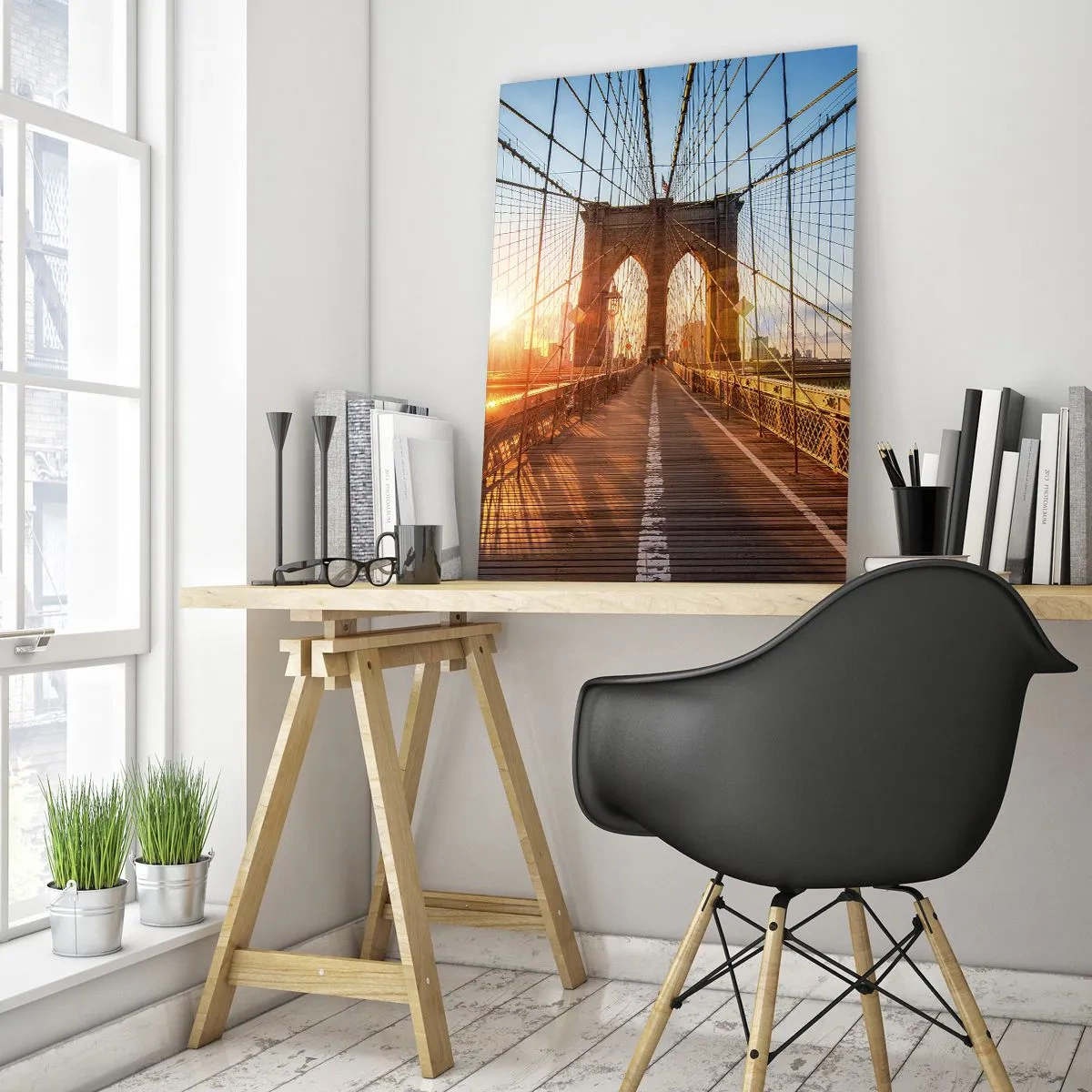 Impression sur verre - Image sur verre - Coucher de soleil sur le pont de Brooklyn à New York - 50x70cm - Sur le pont d'or - Décoration murale moderne pour le salon et la chambre ARTTOR