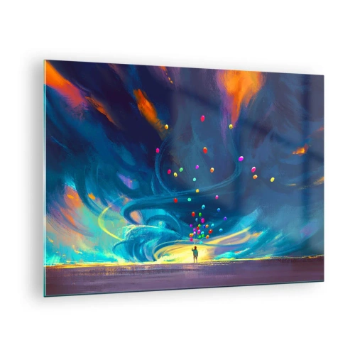 Impression sur verre - Image sur verre - Une personne tenant des ballons colorés sur un fond de vent bleu. - 70x50cm - Au vent bleu ciel - Décoration murale moderne pour le salon et la chambre ARTTOR