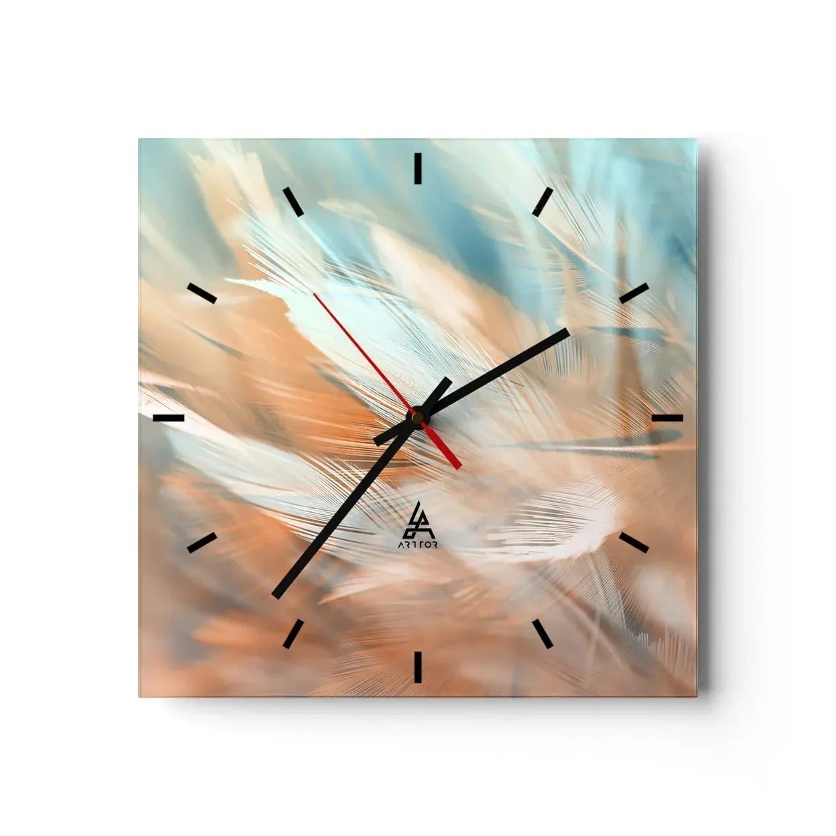 Horloge murale - Pendule murale - Plumes délicates dans des tons pastel de bleu et d'orange - 30x30cm - Au pays de la douceur - Décoration murale moderne pour le salon et la chambre ARTTOR