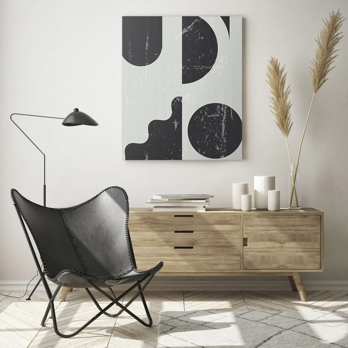 Impression sur verre - Image sur verre - Motifs géométriques dans les tons de noir et de gris - 80x120cm - Composition dessus et dessous - Décoration murale moderne pour le salon et la chambre ARTTOR