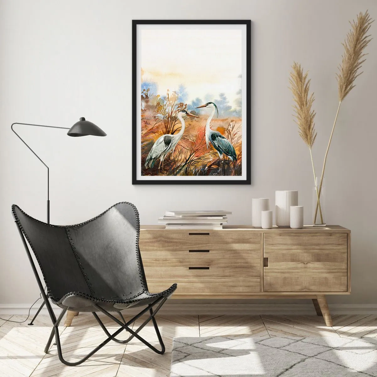 Affiche dans un cadre noir - Poster - Grues sur fond de paysage d'automne à l'aquarelle - 50x70cm - Jusqu'où en automne ? - Décoration murale moderne pour le salon et la chambre ARTTOR