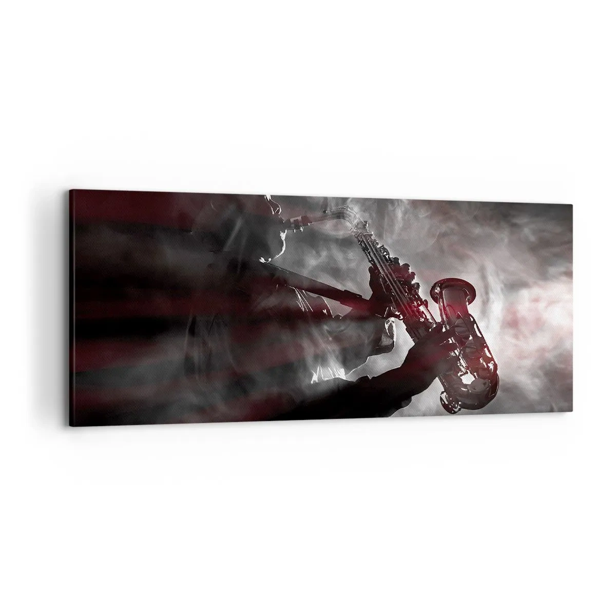 Impression sur toile - Image sur toile - Saxophoniste en fumée sur scène en noir et rouge atmosphérique - 120x50cm - Dans les brumes du jazz - Décoration murale moderne pour le salon et la chambre ARTTOR