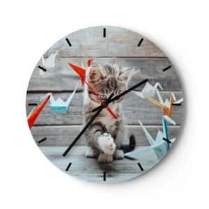 Horloge murale - Pendule murale - Un chat jouant avec des grues en origami - 30x30cm - Première leçon - Décoration murale moderne pour le salon, la cuisine et la chambre ARTTOR