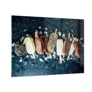 Impression sur verre - Image sur verre - Glaces aux saveurs variées disposées sur des glaçons - 70x50cm - Le goût de l'été chaud - Décoration murale moderne pour le salon et la chambre ARTTOR