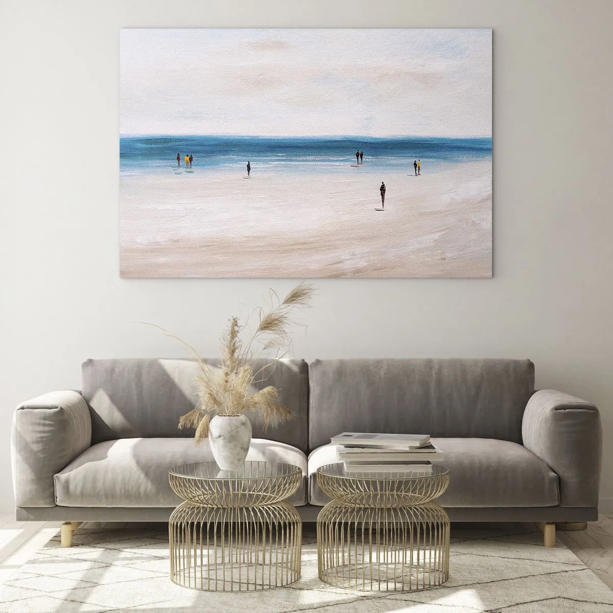 Impression sur verre - Image sur verre - Une plage tranquille avec des silhouettes de personnes marchant le long de la mer - 120x80cm - Un besoin naturel - Décoration murale moderne pour le salon et la chambre ARTTOR