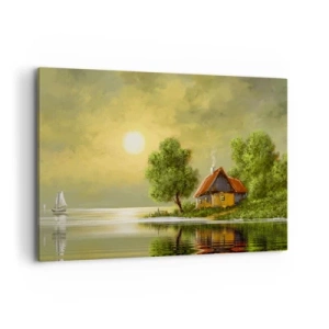 Impression sur toile - Image sur toile - Maison au bord du lac dans la lumière du coucher du soleil - 100x70cm - Beau, comme une image - Décoration murale moderne pour le salon et la chambre ARTTOR