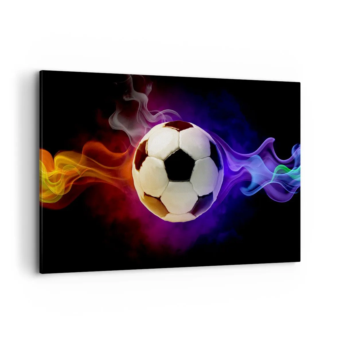 Impression sur toile - Image sur toile - Un ballon de football entouré d'effets de fumée colorés sur un fond sombre. - 120x80cm - Le pouvoir magique du jeu - Décoration murale moderne pour le salon et la chambre ARTTOR