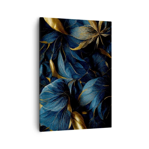 Impression sur toile - Image sur toile - Feuilles élégantes dans des tons dorés et bleu marine - 50x70cm - Des dessous dorés - Décoration murale moderne pour le salon et la chambre ARTTOR