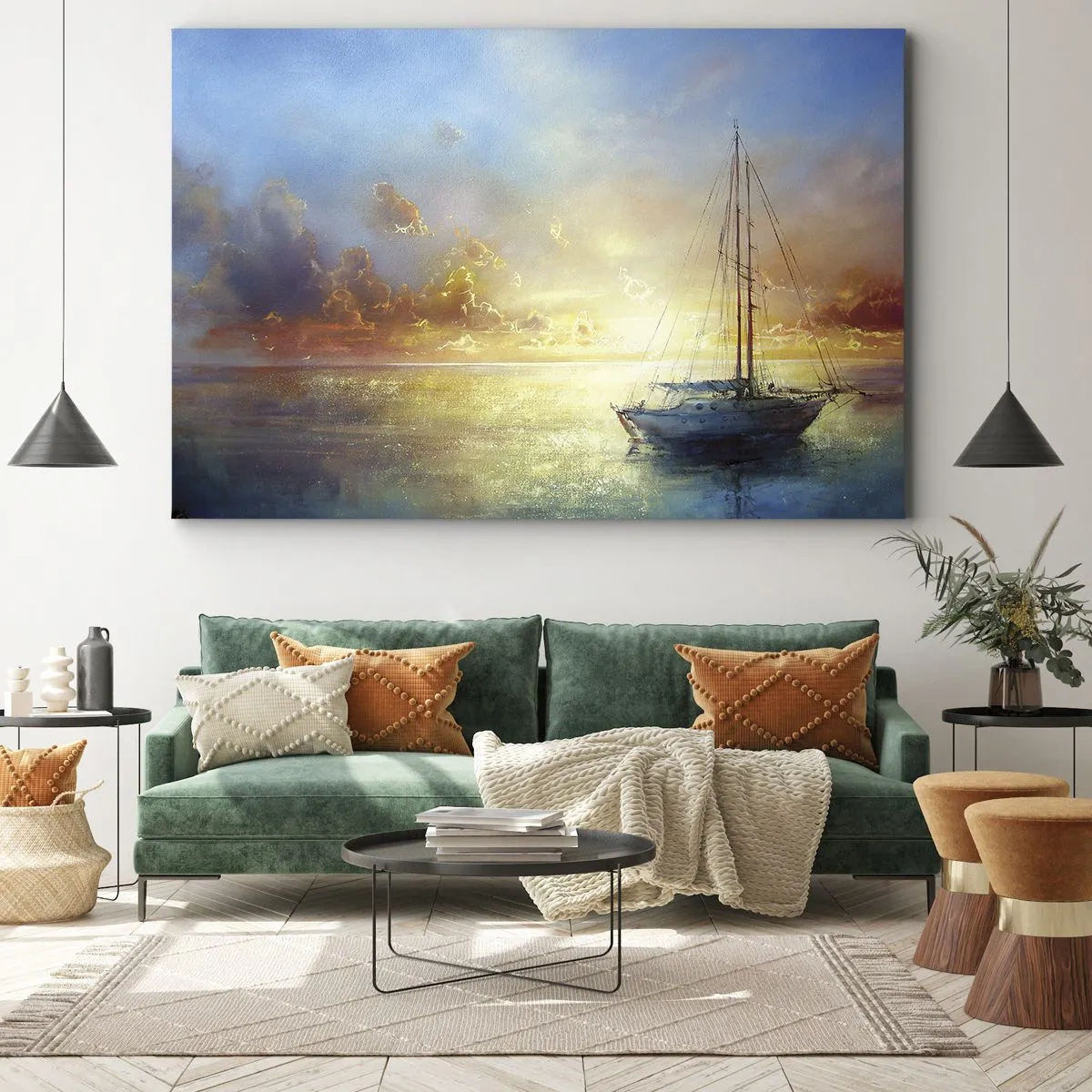 Impression sur toile - Image sur toile - Un yacht sur une mer calme au coucher du soleil - 70x50cm - Dans une baie dorée - Décoration murale moderne pour le salon et la chambre ARTTOR