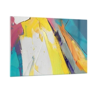 Impression sur verre - Image sur verre - Coups de pinceau abstraits en jaune, bleu et blanc - 120x80cm - Anatomie du monde - Décoration murale moderne pour le salon et la chambre ARTTOR